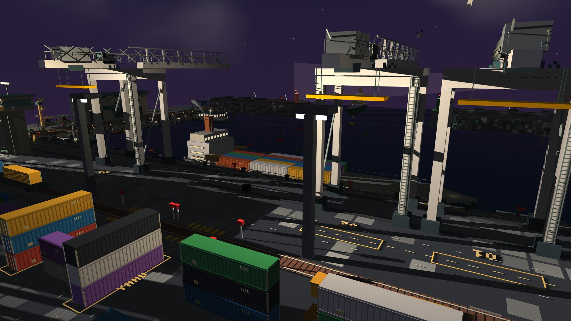Port Alder at dusk, the quay lights on and the gantries lit